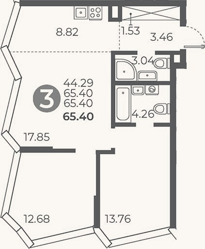 Планировка: 2-к, 65,4 м²