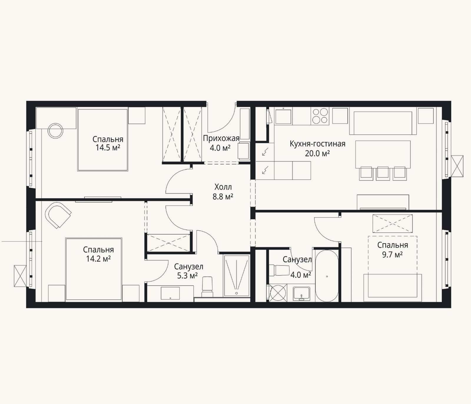 Планировка: 4+ к, 80,5 м²