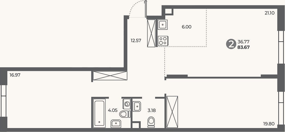 Планировка: 2-к, 83,7 м²