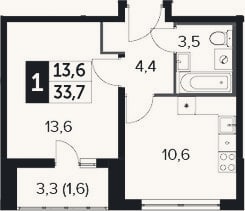 Планировка: 1-к, 32,1 м²