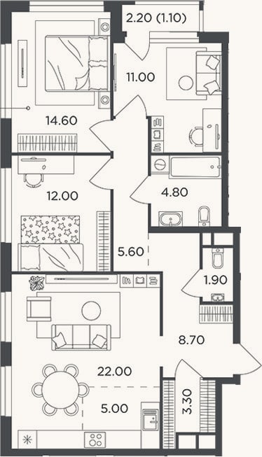 Планировка: 4+ к, 88,9 м²
