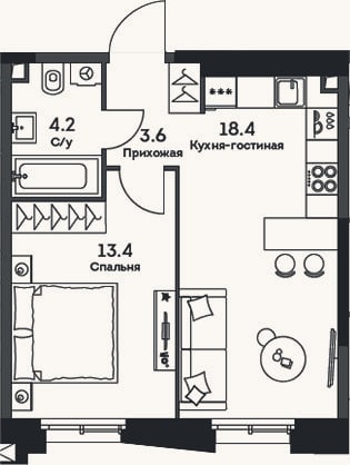Планировка: 2-к, 39,6 м²