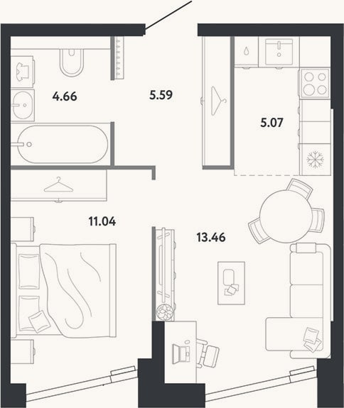 Планировка: 1-к, 39,8 м²