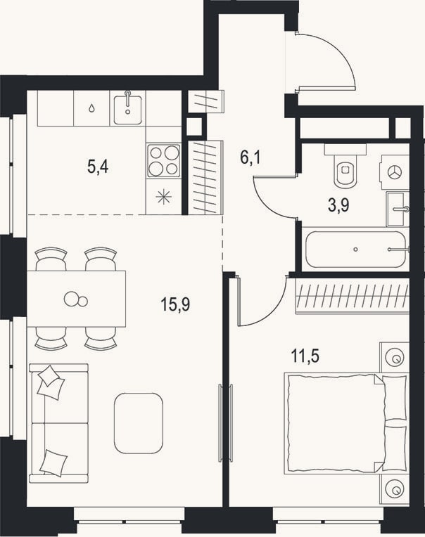 Планировка: 2-к, 42,8 м²
