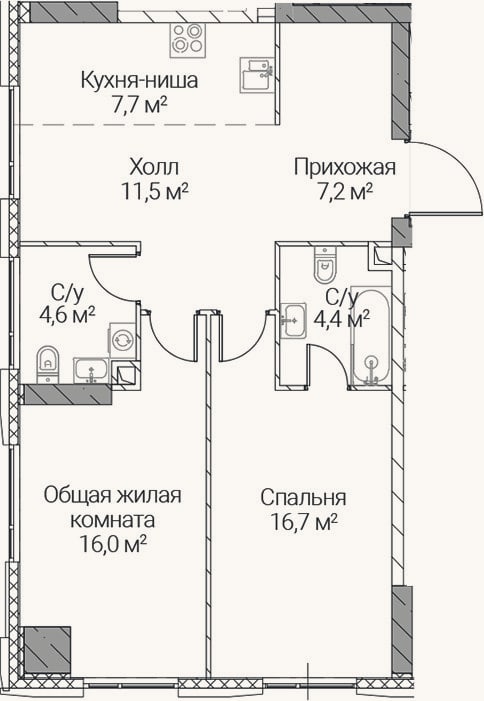 Планировка: 3-к, 68,1 м²