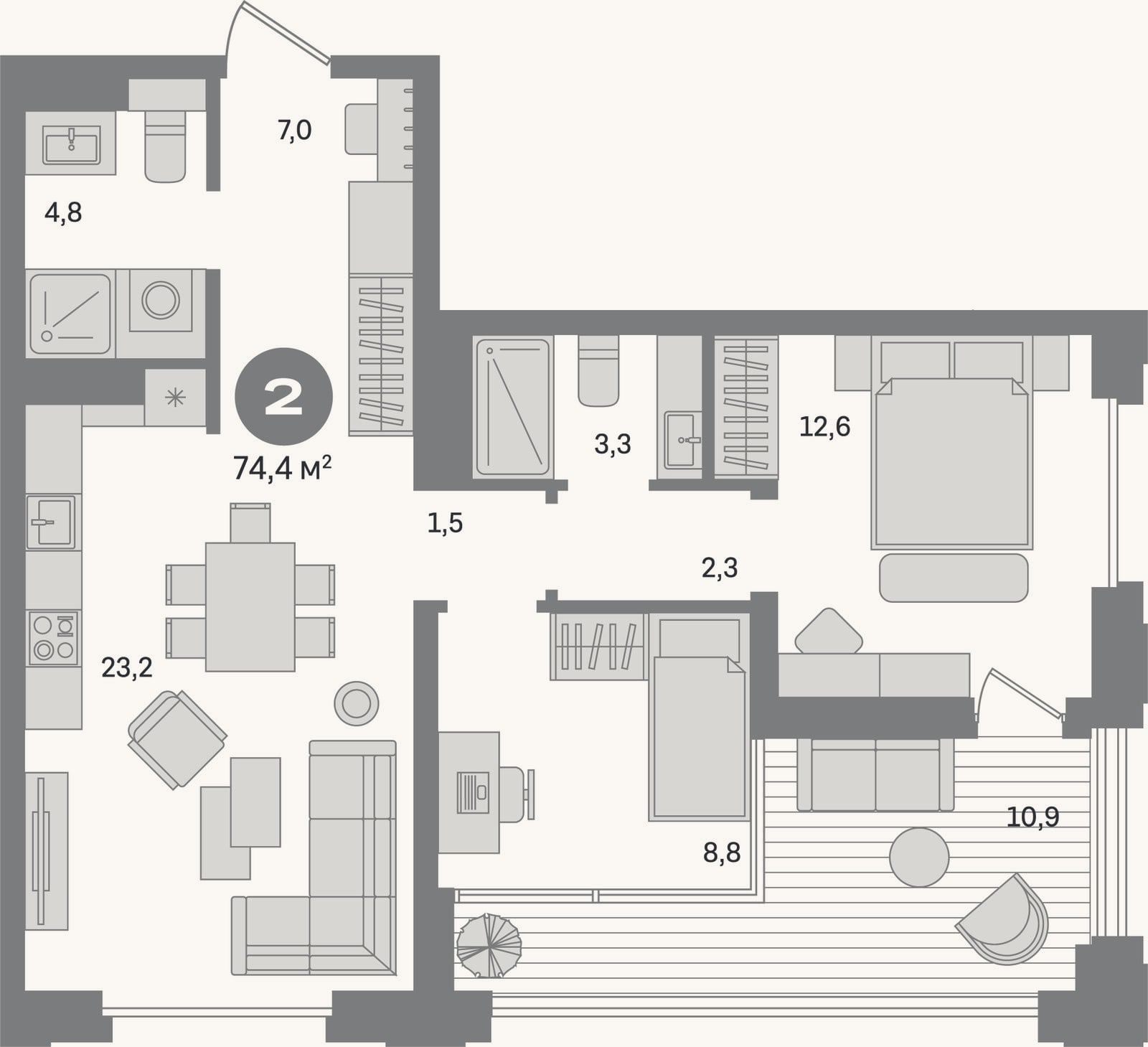 Планировка: 2-к, 63,5 м²