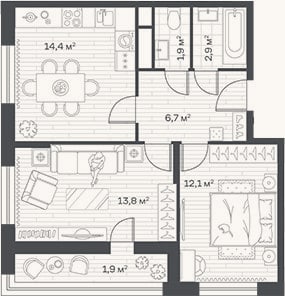 Планировка: 2-к, 51,8 м²