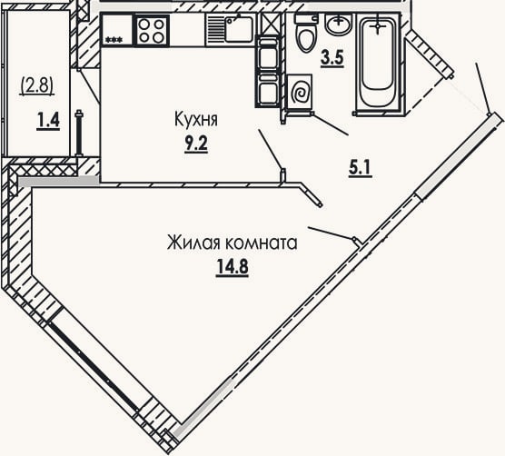 Планировка: 1-к, 32,6 м²
