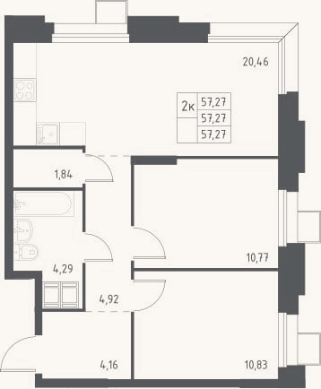Планировка: 3-к, 57,3 м²