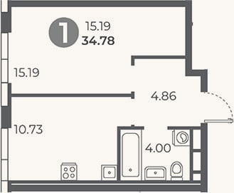 Планировка: 1-к, 34,8 м²