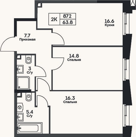Планировка: 2-к, 63,8 м²