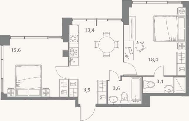 Планировка: 2-к, 57,6 м²