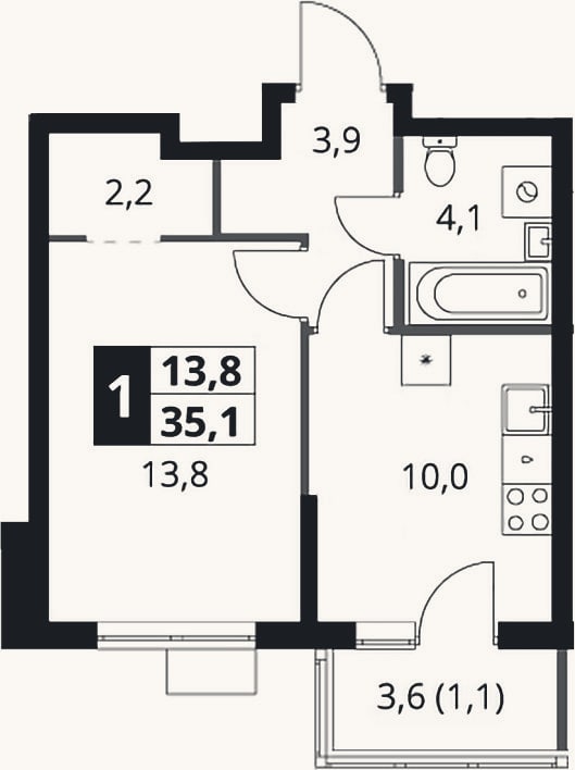 Планировка: 1-к, 34 м²