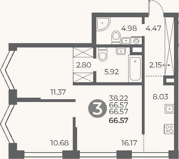 Планировка: 2-к, 66,6 м²