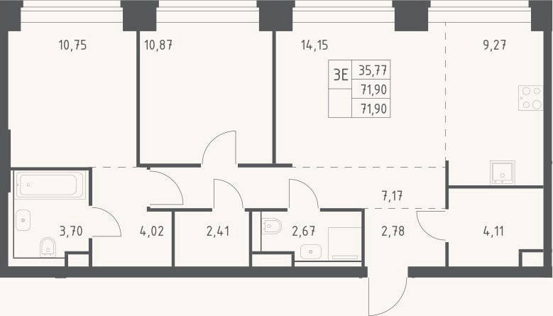 Планировка: 3-к, 71,9 м²