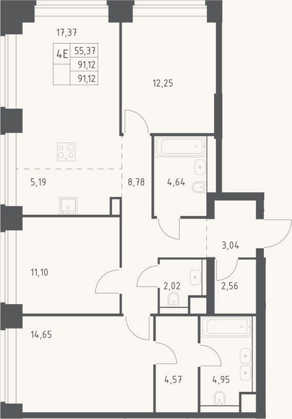 Планировка: 4+ к, 91,1 м²
