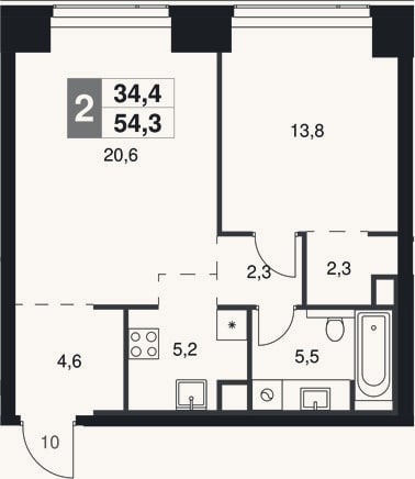 Планировка: 2-к, 54,3 м²