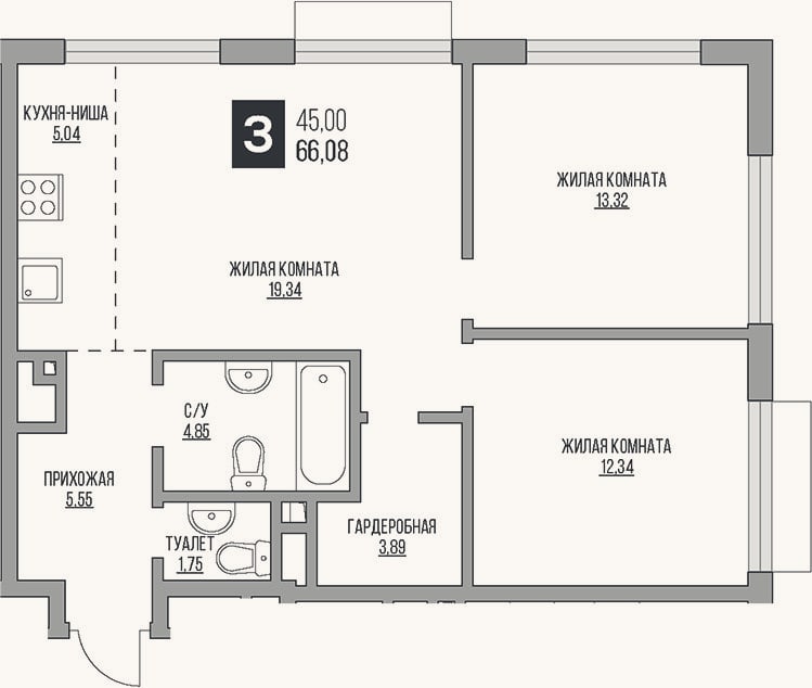 Планировка: 3-к, 66,1 м²