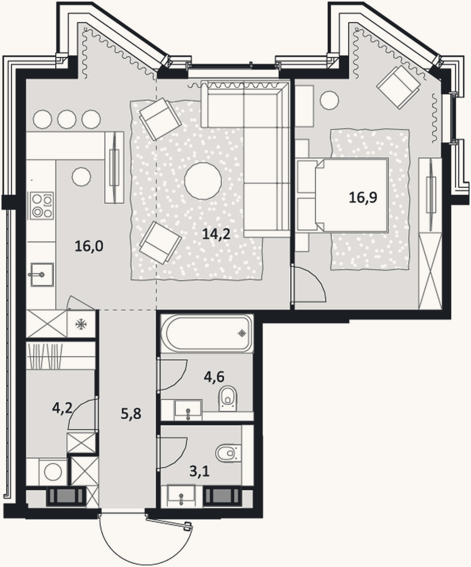 Планировка: 2-к, 64,8 м²
