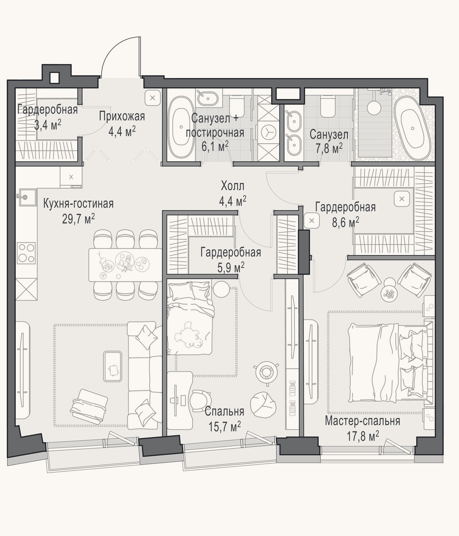 Планировка: 3-к, 104,8 м²