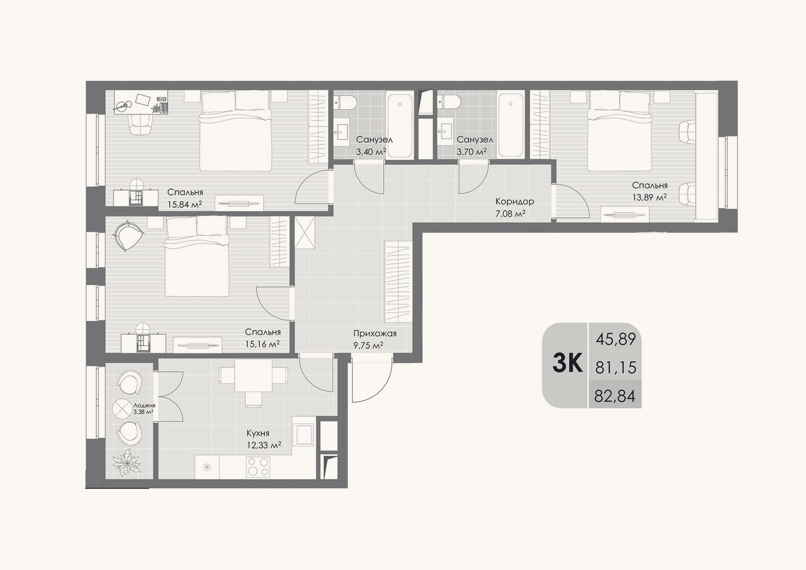 Планировка: 3-к, 81,2 м²