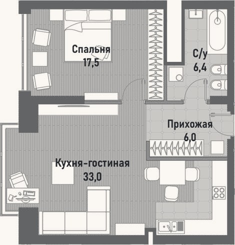 Планировка: 2-к, 60,4 м²