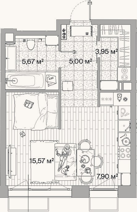 Планировка: Студия, 38,1 м²