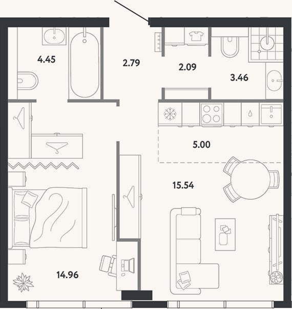 Планировка: 1-к, 48,3 м²