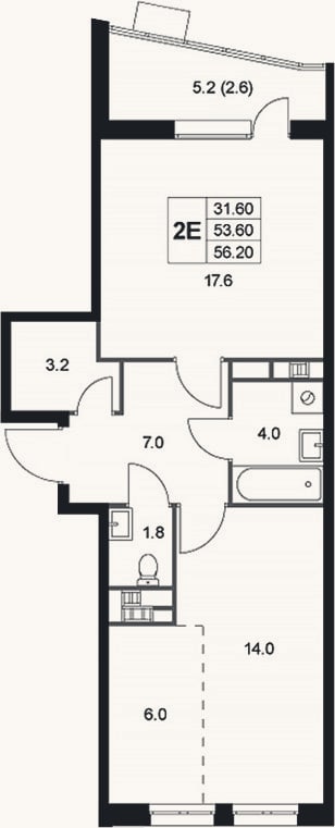 Планировка: 2-к, 53,6 м²