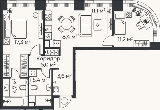 Планировка: 3-к, 66,7 м²