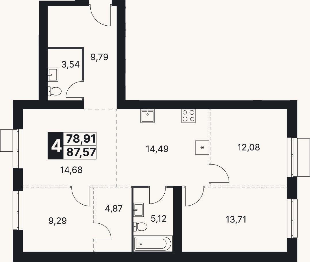 Планировка: 4+ к, 87,6 м²