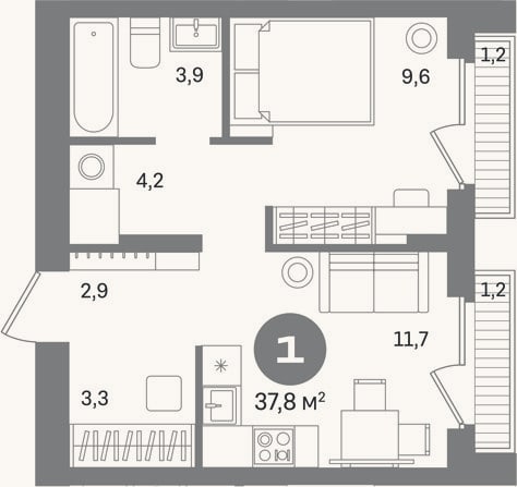 Планировка: 1-к, 35,4 м²