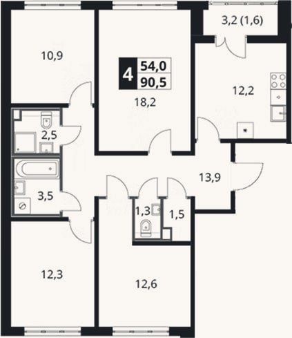 Планировка: 4+ к, 88,9 м²