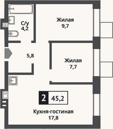 Планировка: 3-к, 45,2 м²