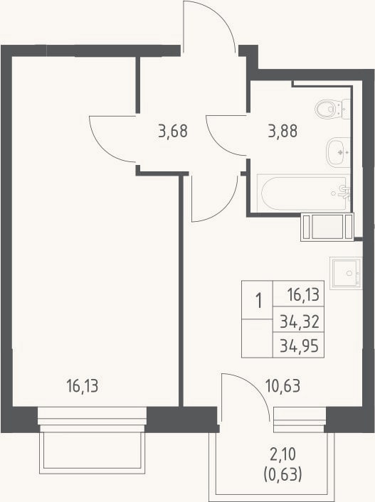 Планировка: 1-к, 34,3 м²