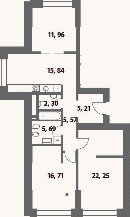 Планировка: 3-к, 86,5 м²