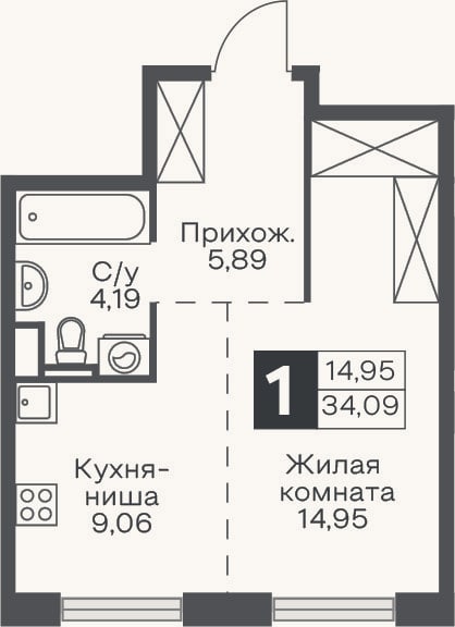 Планировка: Студия, 34,1 м²