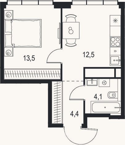Планировка: 1-к, 34,5 м²