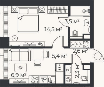 Планировка: 2-к, 35,2 м²