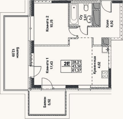 Планировка: 2-к, 43,4 м²