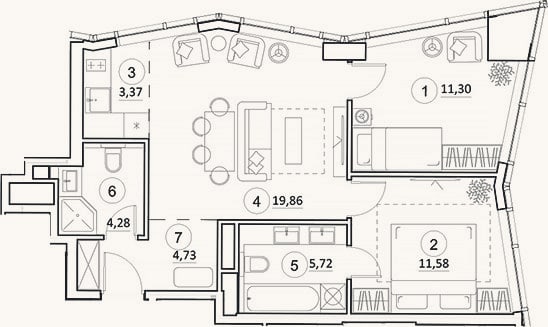 Планировка: 3-к, 60,8 м²