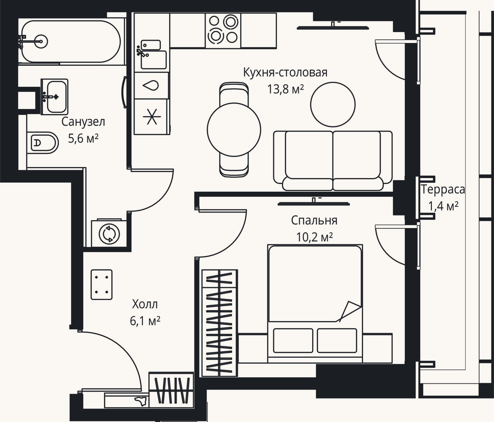 Планировка: 1-к, 35,7 м²