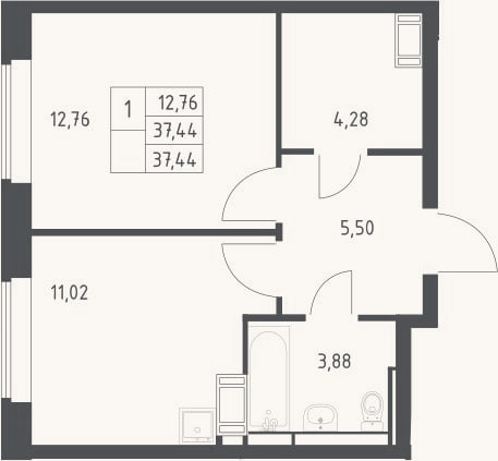 Планировка: 1-к, 37,4 м²