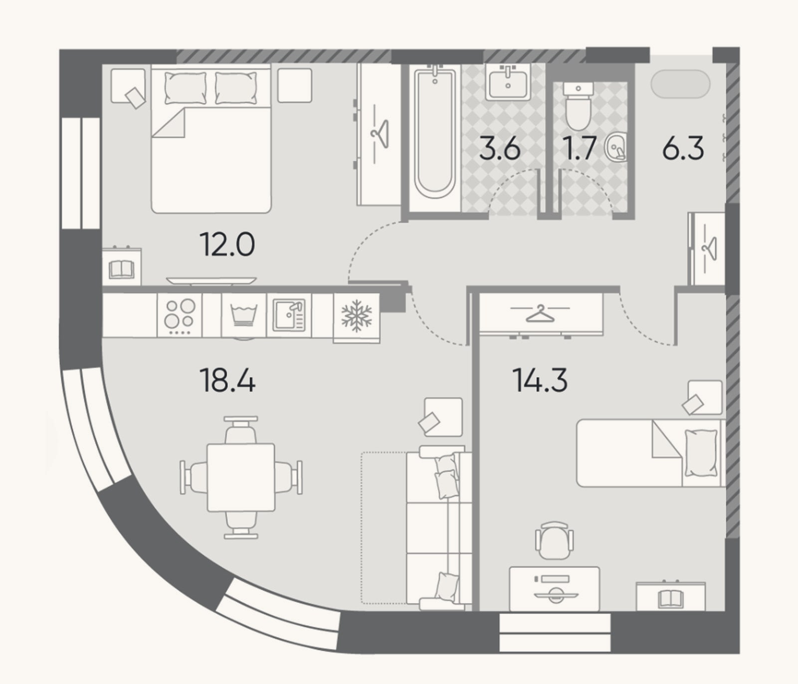 Планировка: 3-к, 56,3 м²
