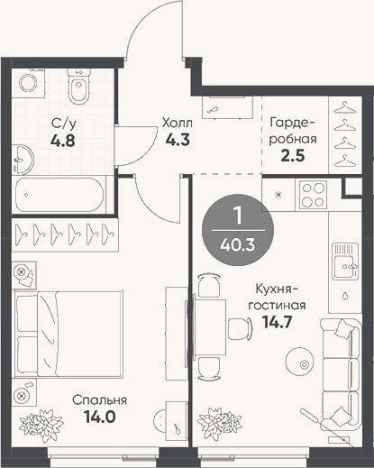 Планировка: 2-к, 40,3 м²