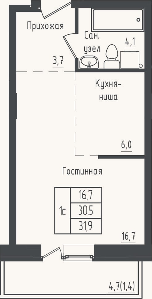 Планировка: Студия, 30,5 м²