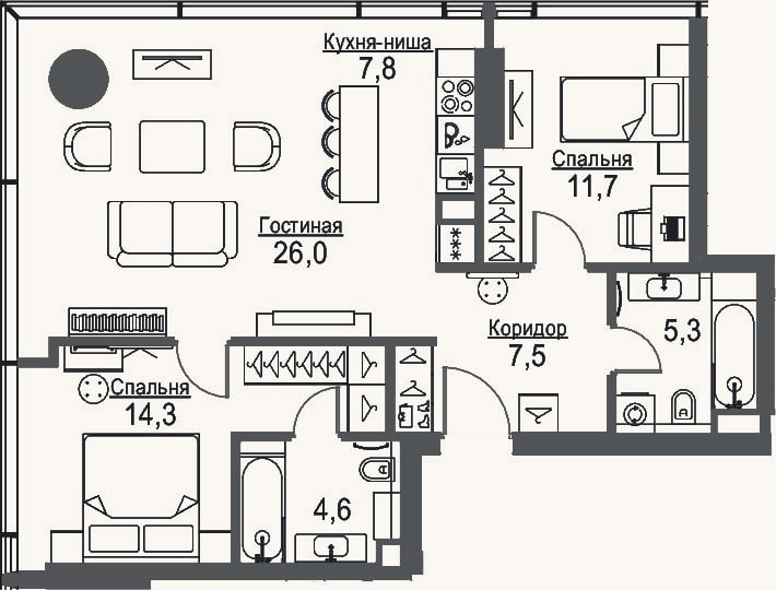 Планировка: 3-к, 70,5 м²
