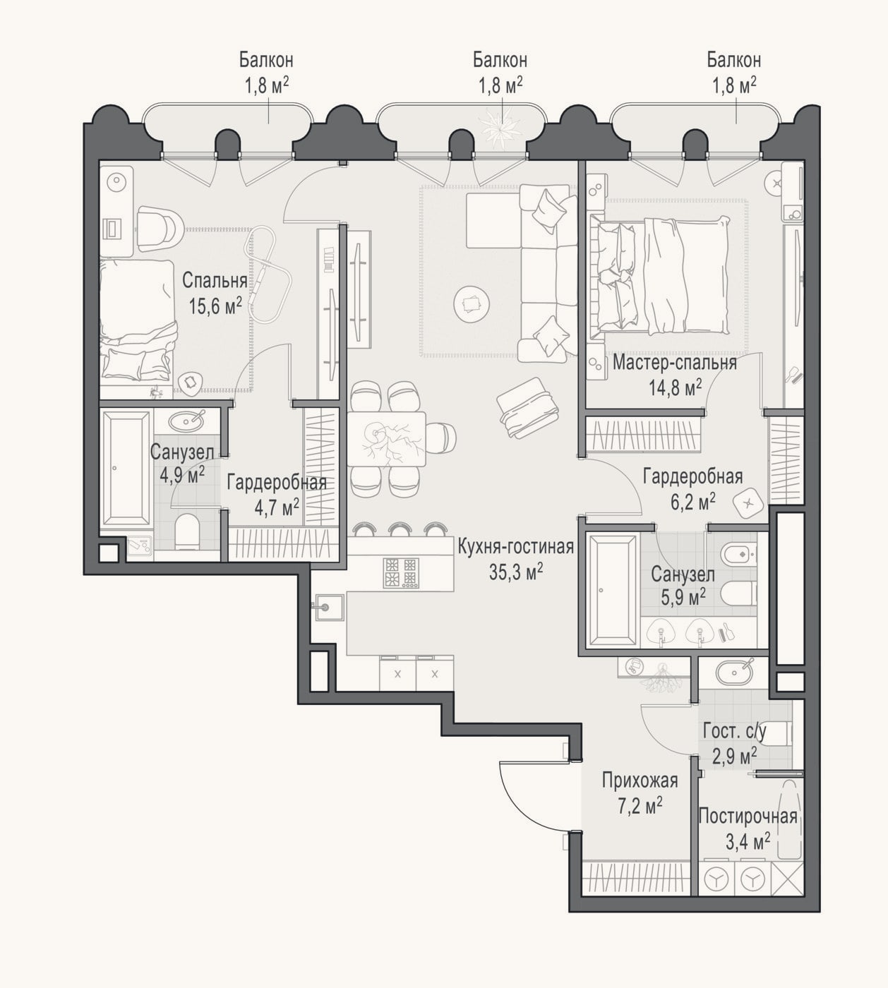 Планировка: 3-к, 103,4 м²