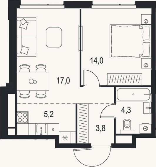 Планировка: 2-к, 44,3 м²