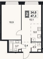 Планировка: 2-к, 47,3 м²